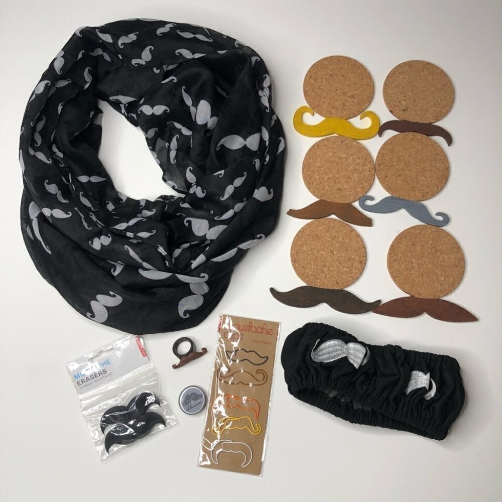 MOUSTACHE Lover BUNDLE - Scarf Erasers Coasters Pin Ring Steering Wheel Cover